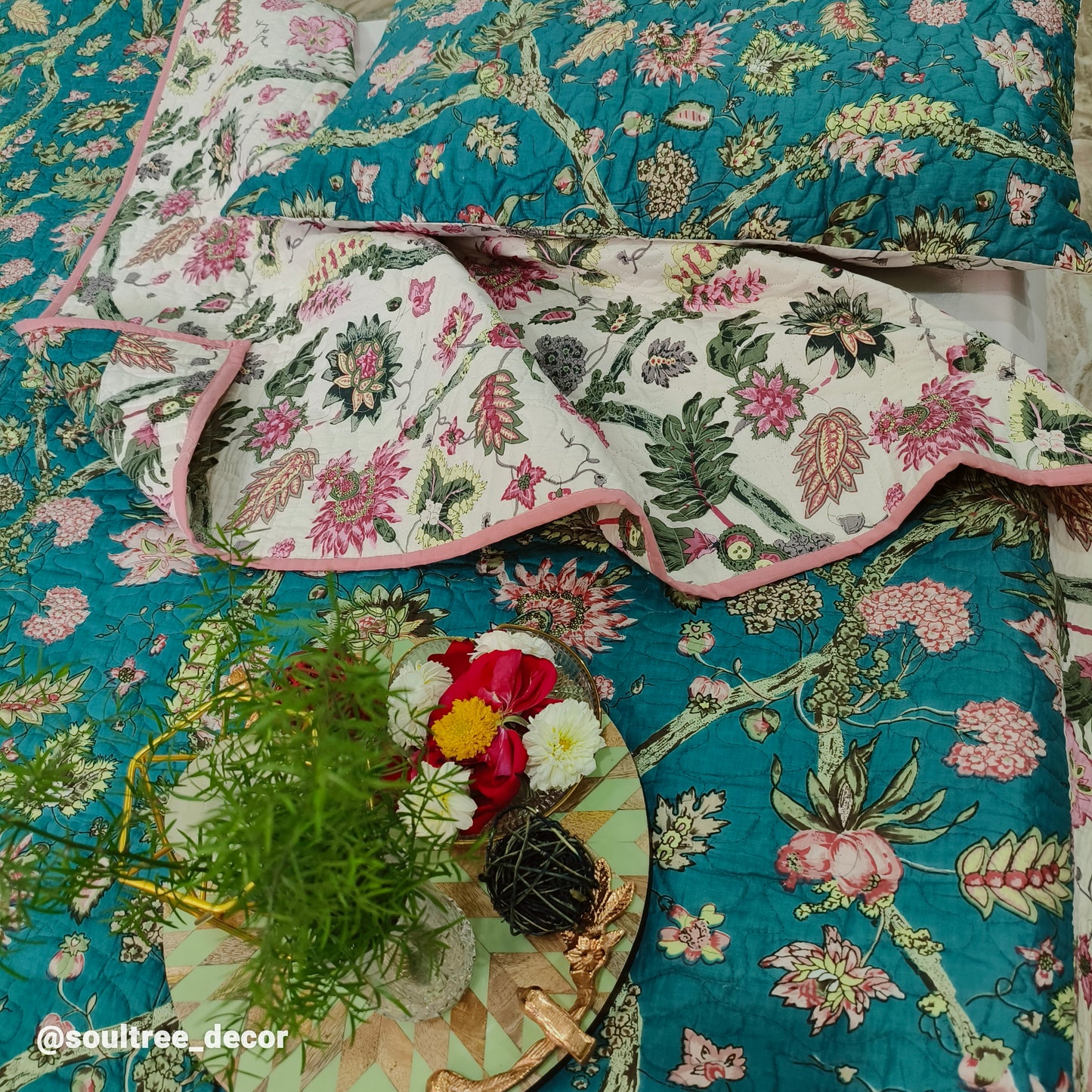 TEEL FLORAL QUILTED BEDCOVER