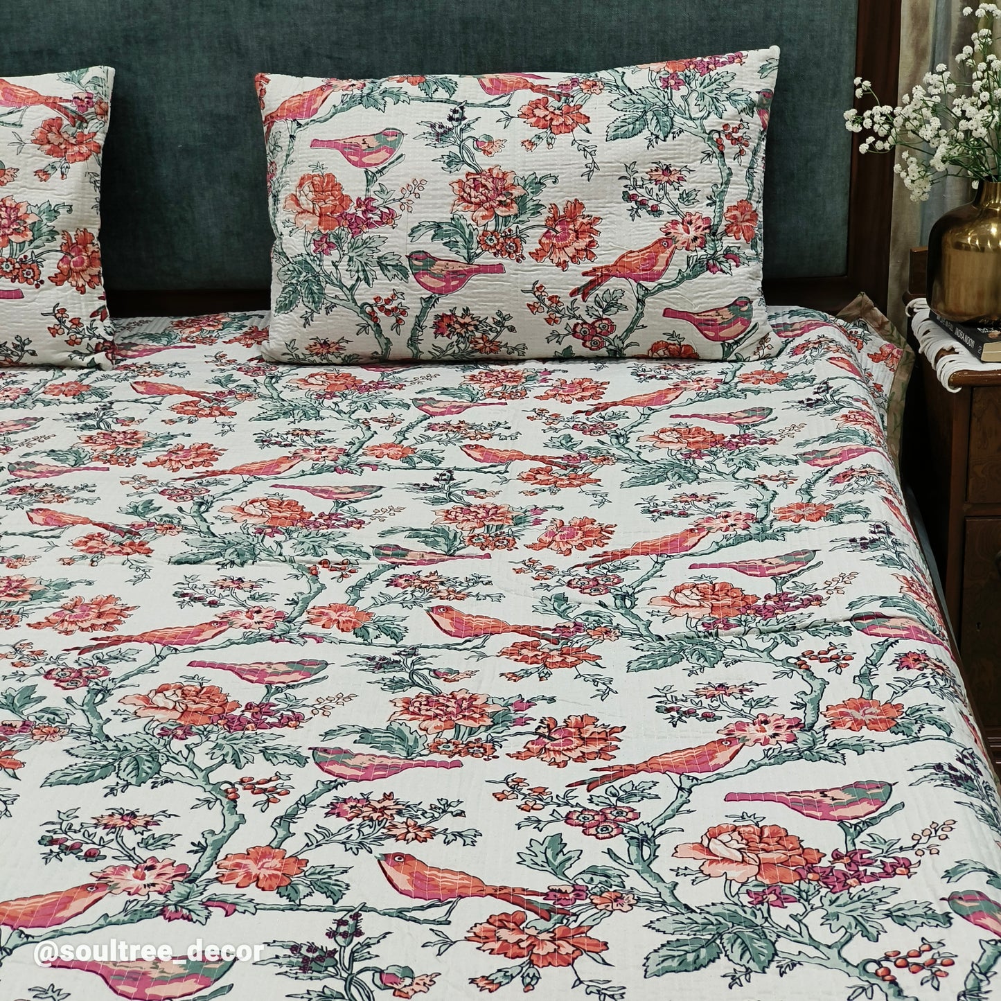 OFF WHITE FLORAL QUILTED BEDCOVER