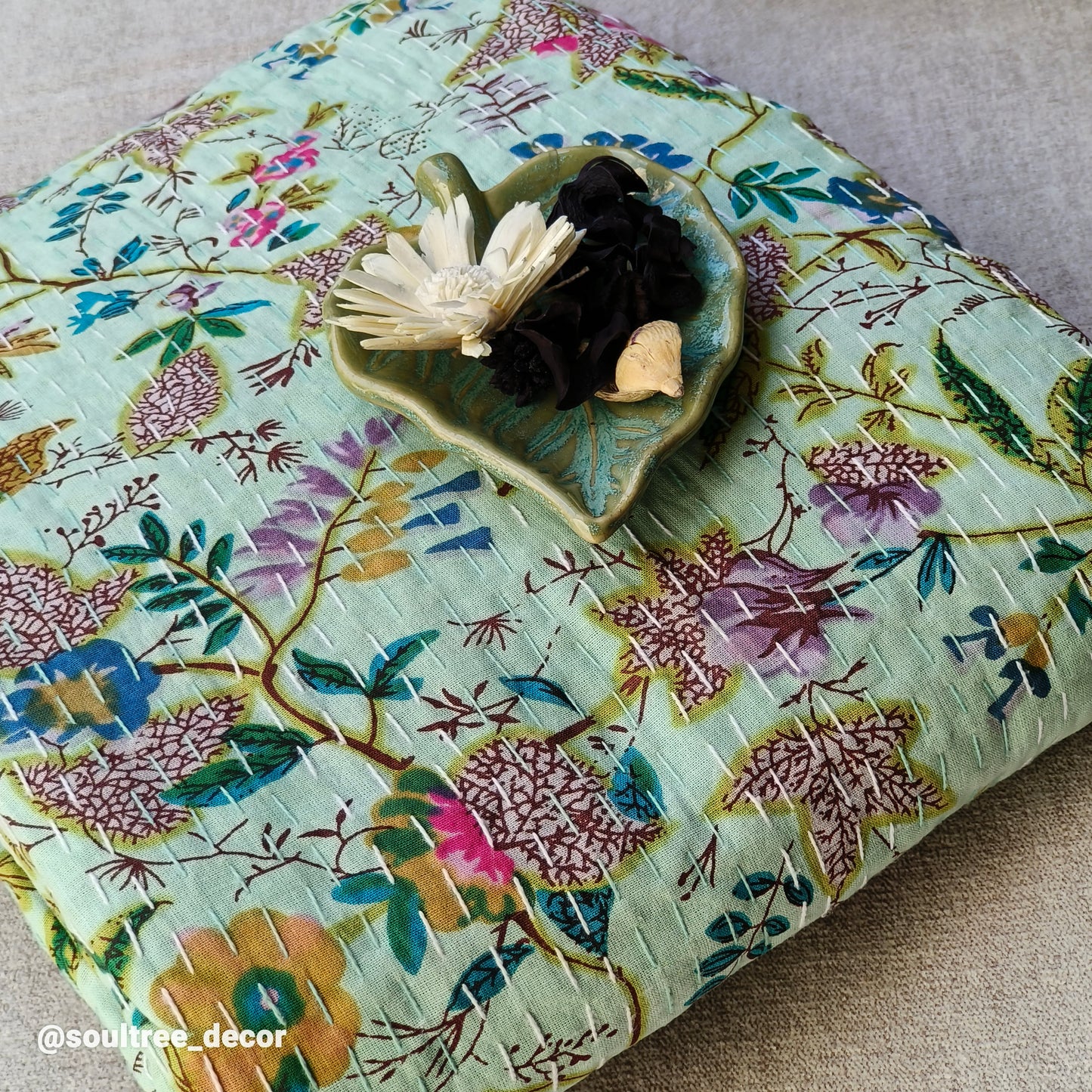 SEA GREEN KANTHA BEDCOVER