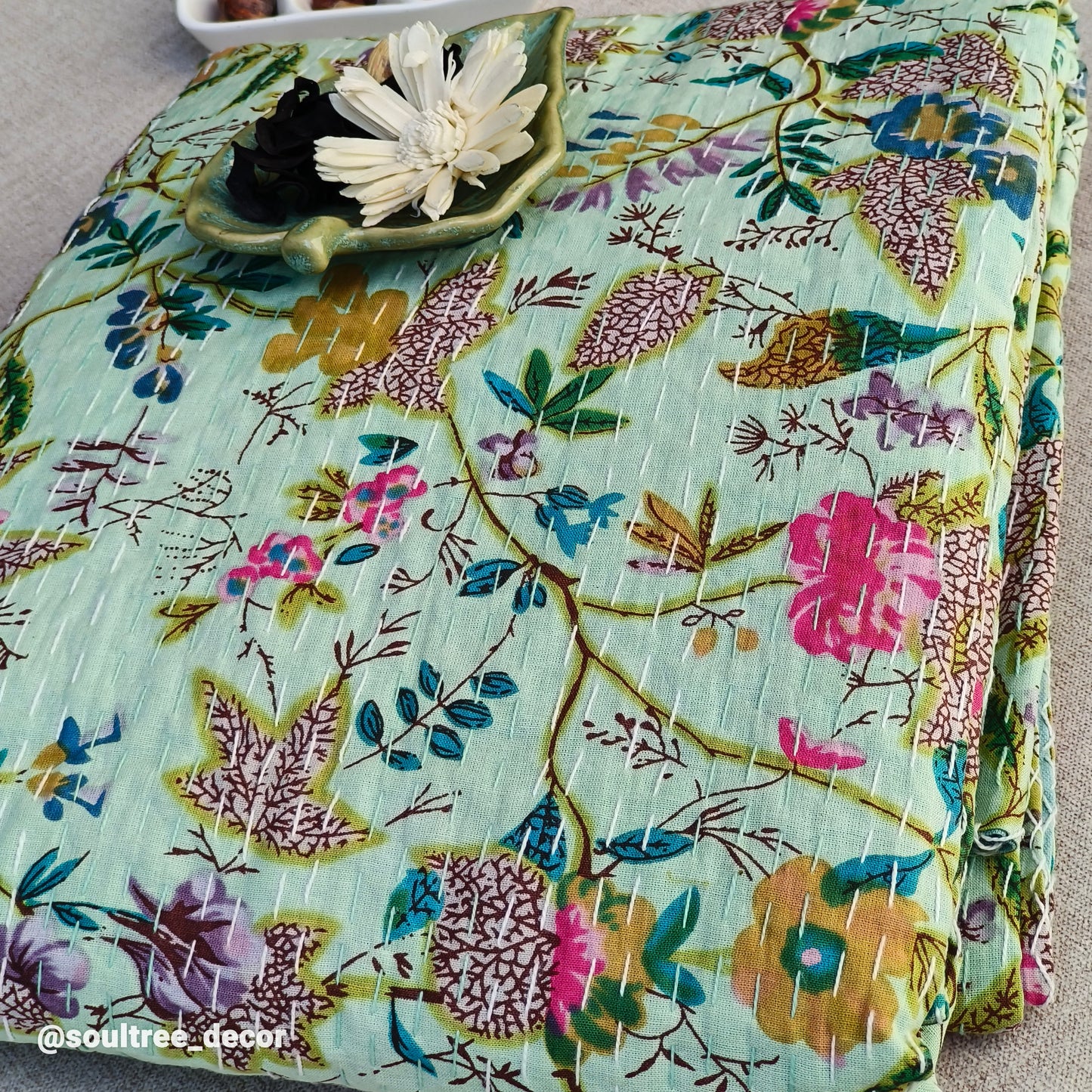 SEA GREEN KANTHA BEDCOVER