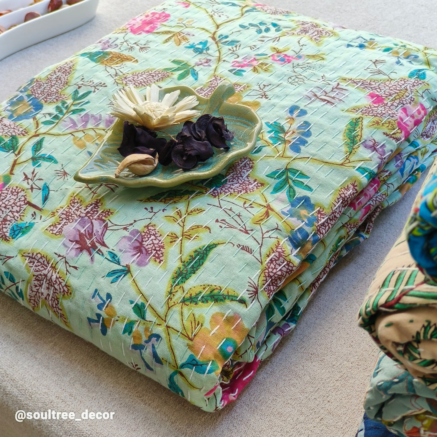 SEA GREEN KANTHA BEDCOVER